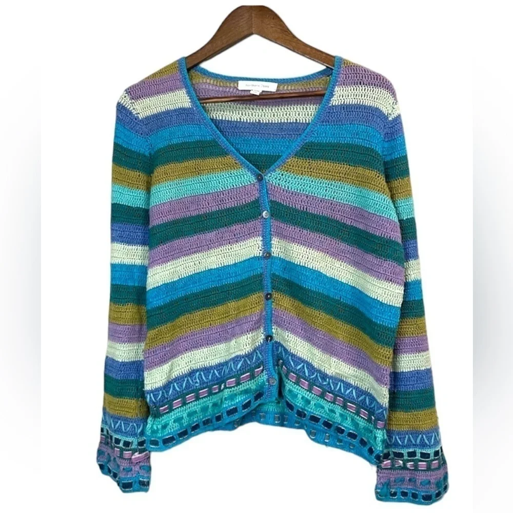 Northern Isles crochet knit cardi sweater striped Blue Medium - Picture 1 of 9